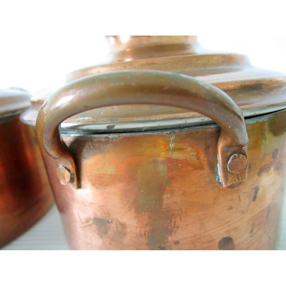 Set of 2 Vintage Copper Little Pots with Unique Lids Double Handles Tin Lined